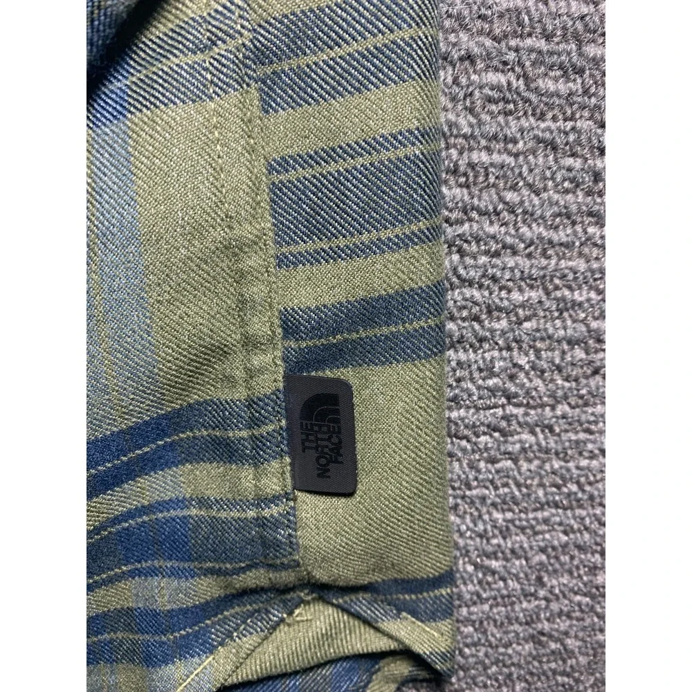 Men North Face Green Long Sleeve Approach Flannel Button Stripe Shirt XXL